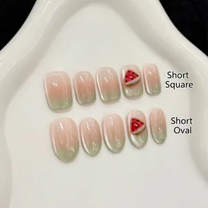 3D Watermelon Press On Nails Light Green Cat Eye Gradient Summer Fruit Style Short Square Oval Artificial Fake Nails