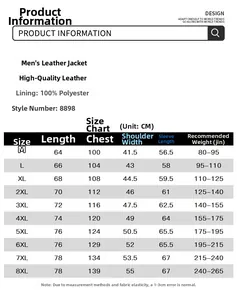 Tableau des tailles détaillé pour veste en cuir homme avec mesures de la taille M à 8XL