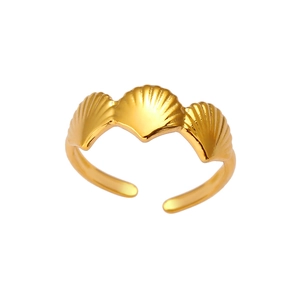 Detailed view of adjustable golden ring featuring three fanned seashell design elements