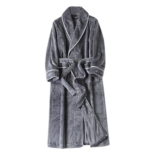 Dark grey flannel bathrobe for couples featuring white piping and a soft plush texture