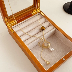Tiger eye stone necklace with pearls in a luxury wooden velvet gift box display