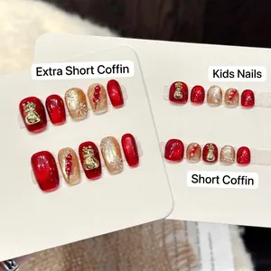 Uñas Postizas De Ojo De Gato Rojas Con Bolsa De Suerte 3D Copo De Nieve Brillo Invierno Festivo
