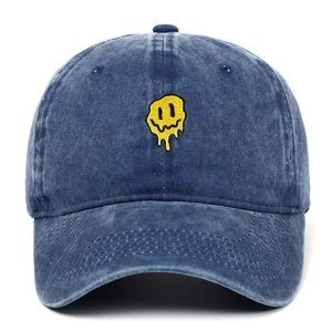 Casquette en jean bleu marine délavé avec broderie smiley jaune pour activités de plein air