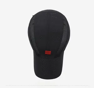 Detail of black quick-dry baseball cap with red triple stripe embroidery and side mesh panels