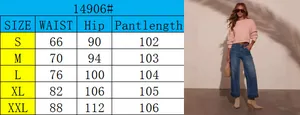 Detailed size chart for high waist wide leg jeans showing waist, hip, and pant length