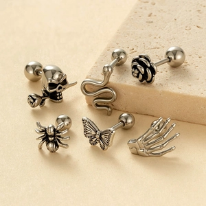 6pcs vintage silver cartilage studs with skull rose snake and spider designs