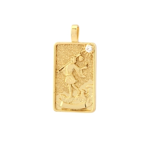 Detailed relief of The Fool tarot pendant in gold plating with a sparkling white zircon