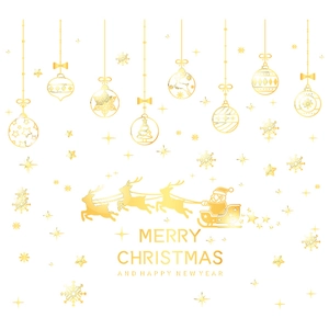 Golden Christmas wall decals featuring Santa sleigh reindeer and snowflakes decoration