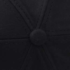 Macro shot of NYC baseball cap top button and twill fabric stitching details