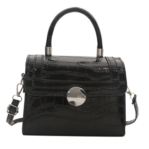 Vintage black faux croc leather mini handbag with circular silver buckle and top handle