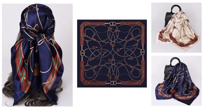 Detailed view of square satin scarf with vintage horse stirrup and chain print patterns