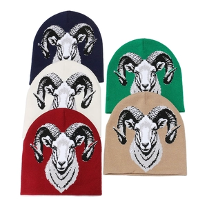 Ram Head Animal Jacquard Knit Beanie Hat Acrylic Warm Winter Streetwear Novelty Skull Cap For Men Women