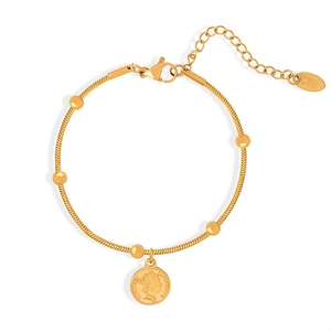 18K gold plated snake chain bracelet with coin pendant and polished round beads
