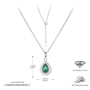 Detail view of 925 sterling silver water drop necklace with green zircon and dimensions