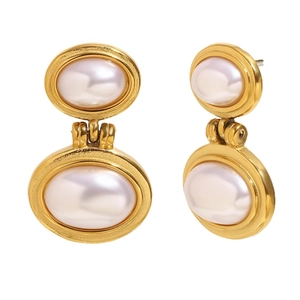 Elegant 18K gold-plated geometric stud earrings with two white imitation pearls