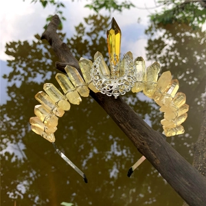 Natural yellow crystal crown headband with silver crescent moon accent and raw stones
