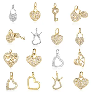 18K gold plated copper zircon heart and key charms for DIY jewelry making