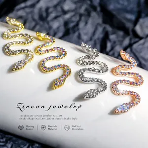 Luxury 3D snake nail art charms in gold and silver alloy with sparkling zircon crystals