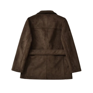 Elegant dark brown faux suede blazer jacket for women with stylish back belt detail