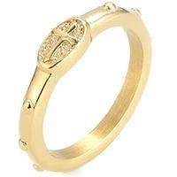 Detail eines Vintage Rosenkranz-Rings in Gold mit geprägtem Kreuz und Perlenstruktur