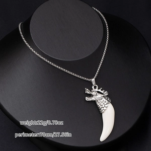Silver dragon pendant necklace with white tusk detail, 22g weight and 70cm length specifications