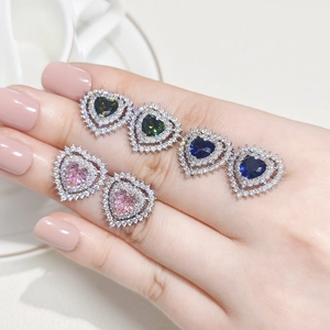 Elegant heart-shaped stud earrings in pink, green, and blue with pavé cubic zirconia