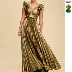 Sexy Metallic Pleated Maxi Dress Deep V Neck Backless Lace Up Ruffle Sleeve High Waist Evening Party Gown For Women