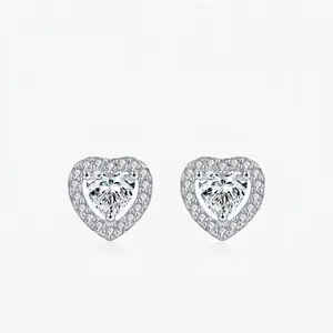 Moissanite Heart Shaped Stud Earrings With 925 Sterling Silver Halo French Elegant Fashion Jewelry Women