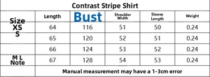 Tableau des tailles détaillé pour ensemble chemise et pantalon rayé avec mesures XS à L
