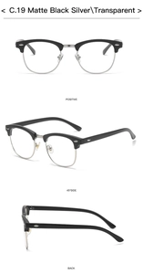 Mehrere Ansichten der matt-schwarzen Browline-Brille mit transparenten Gläsern