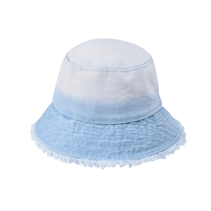 Minimalist gradient denim bucket hat with frayed edges for sun protection on a white backdrop