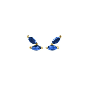 Detail of gold-plated stud earrings featuring marquise-cut blue cubic zirconia stones