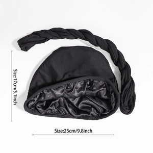 Black satin lined headwrap for men with stretch band and braid, size 17x25cm
