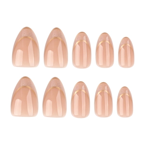 Elegant French cat-eye almond press-on nails with golden glitter tips and nude pink base