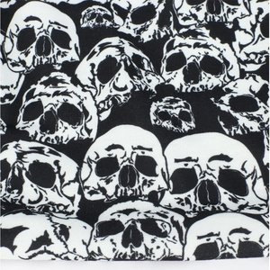 Close-up of the detailed skull print on a stretchable knitted winter beanie hat