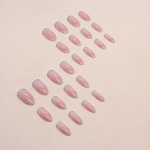 Set of 24 almond shape press-on nails with pink base and blue-grey gradient tips