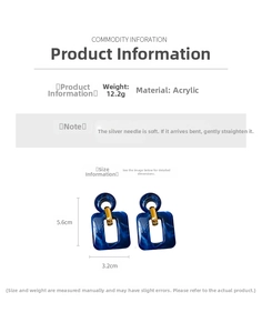 Detail view of blue marble acrylic geometric square earrings with size 5.6x3.2cm