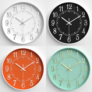 Modern 12-inch silent wall clock with 3D embossed numbers in four colorful finishes