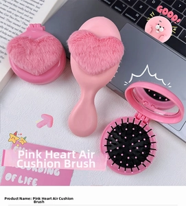 Pink heart plush hairbrush set including folding mirror combs and massage brushes