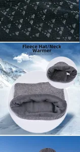 Detail of gray knitted winter hat and scarf set with warm fleece lining for cold weather