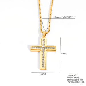 Detailed technical drawing of a gold cross pendant showing dimensions and materials