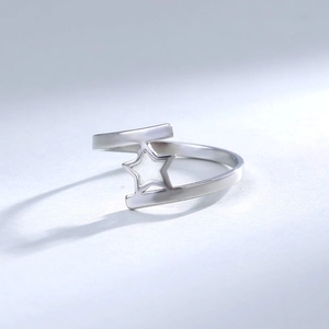 Macro shot of silver stainless steel ring featuring a luminous five-pointed star detail