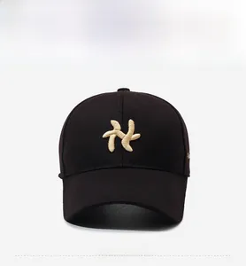 Detail of gold letter embroidery on a premium black structured cotton baseball cap