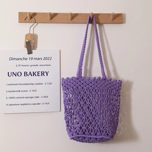 Purple handmade hollow cotton woven shoulder bag for beach and summer vacations