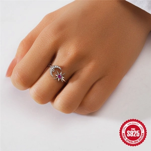 S925 sterling silver moon and star open ring with sparkling pink and white cubic zirconia