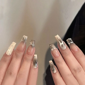 Coffin Press On Nails Nude Gray Ombre Silver Flame Metal Star Artificial Pearl Rhinestone Punk Y2K Style Women