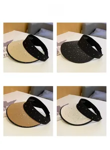 Collage of four open top sun hats with rhinestones in beige, black, brown and white