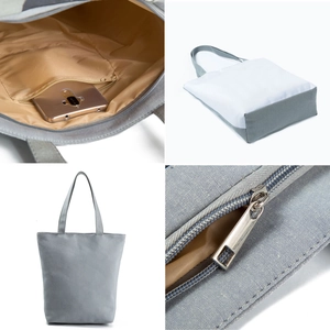 Minimalist grey and white canvas tote bag with cat pattern and inner zipper pocket
