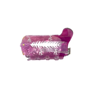 Purple acrylic boot hair claw with white floral patterns and yellow star accents
