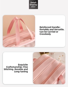 Close-up of pink travel toiletry bag showing reinforced handle and precise stitching